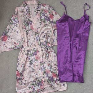Floral Kimono Robe and Purple Slip Set